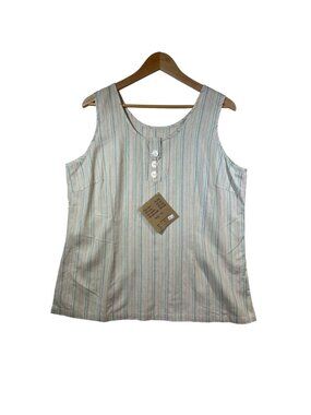 The Earth Collection Womens XL Cotton Silk Striped Tank Top Sleeveless Button‎